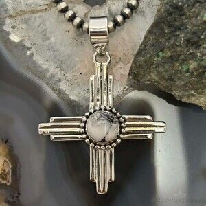 Sterling Silver Southwestern Style Rounded White Buffalo Unisex Zia Pendant